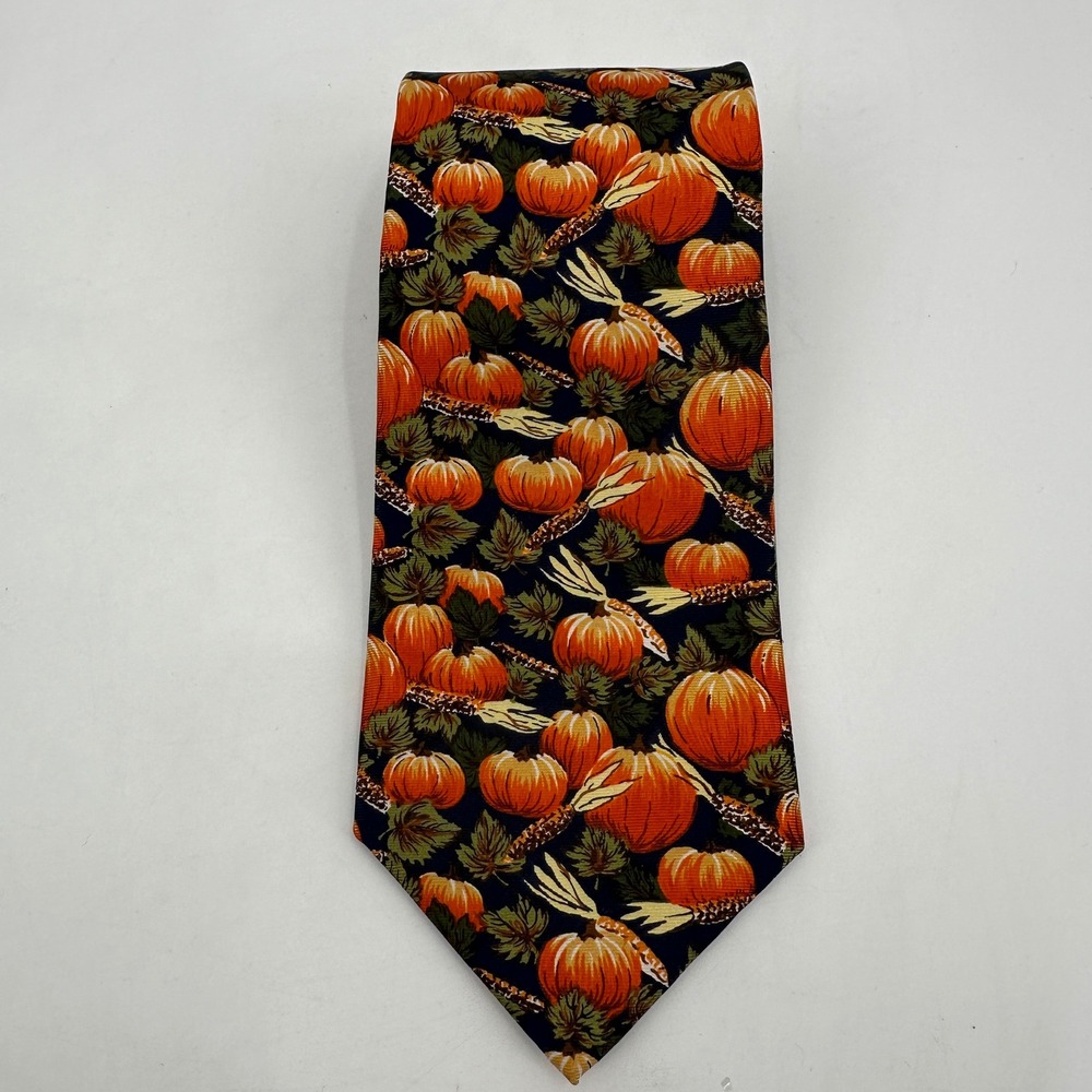 Alynn Neckwear Men Harvest Silk Tie Pumpkin Corn Fall Thanksgiving Holiday Black